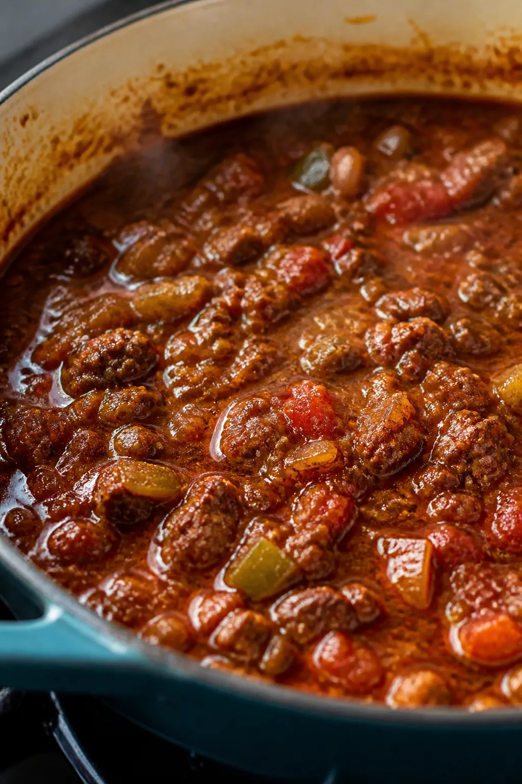 Close-up detail: Thick, simmering Keto Mexican Chili in a heavy enamel Dutch oven, surface glistenin