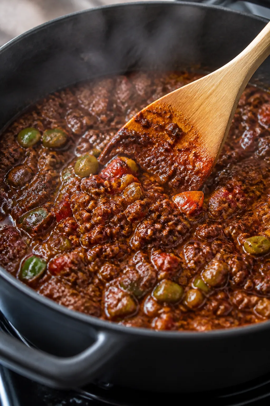 Close-up detail: Thick, simmering Spicy Keto Jalapeño Chili in a matte black Dutch oven, captured m