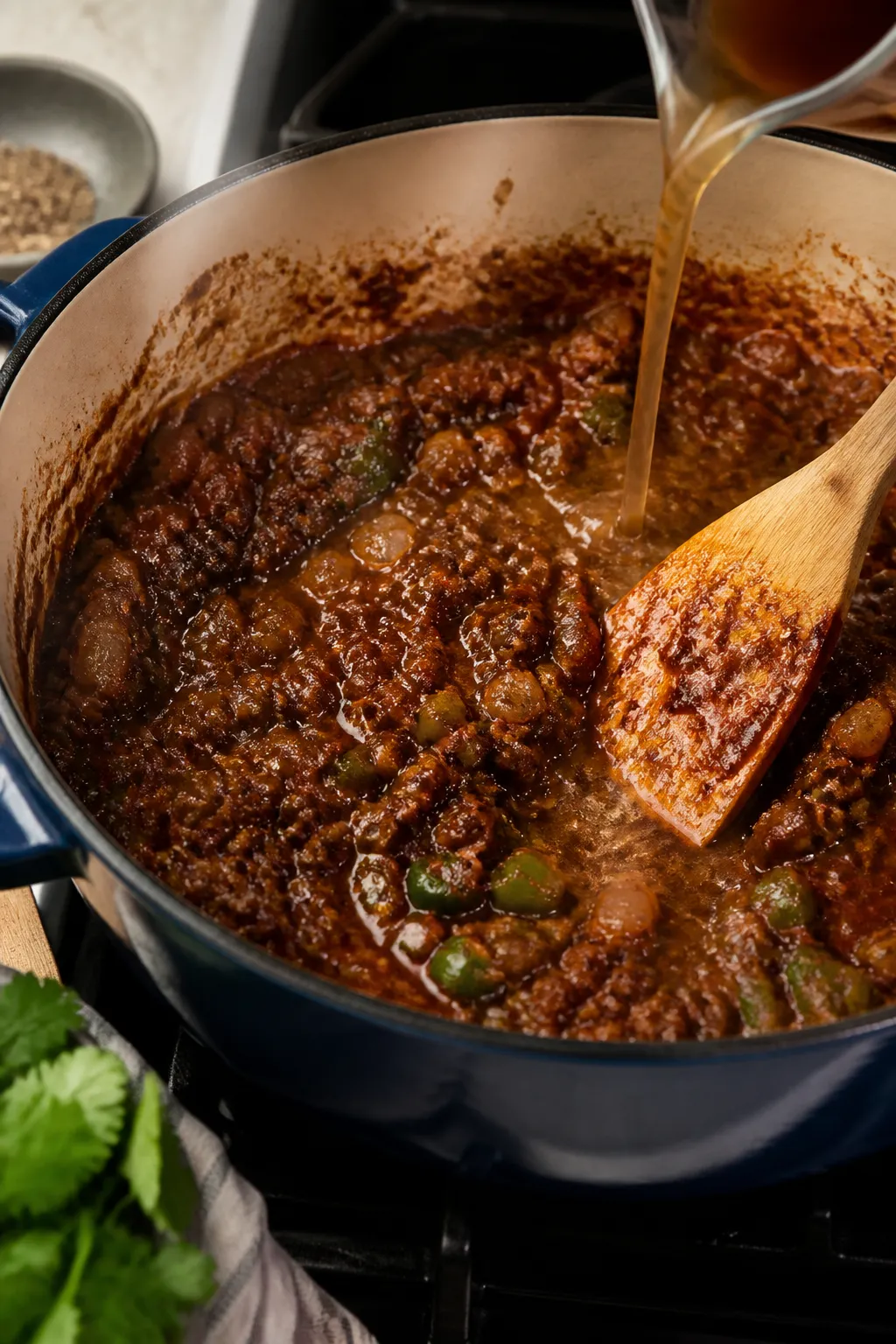 Cooking process action: Chili base being “bloomed” in a skillet—cooked tomato paste mixed with