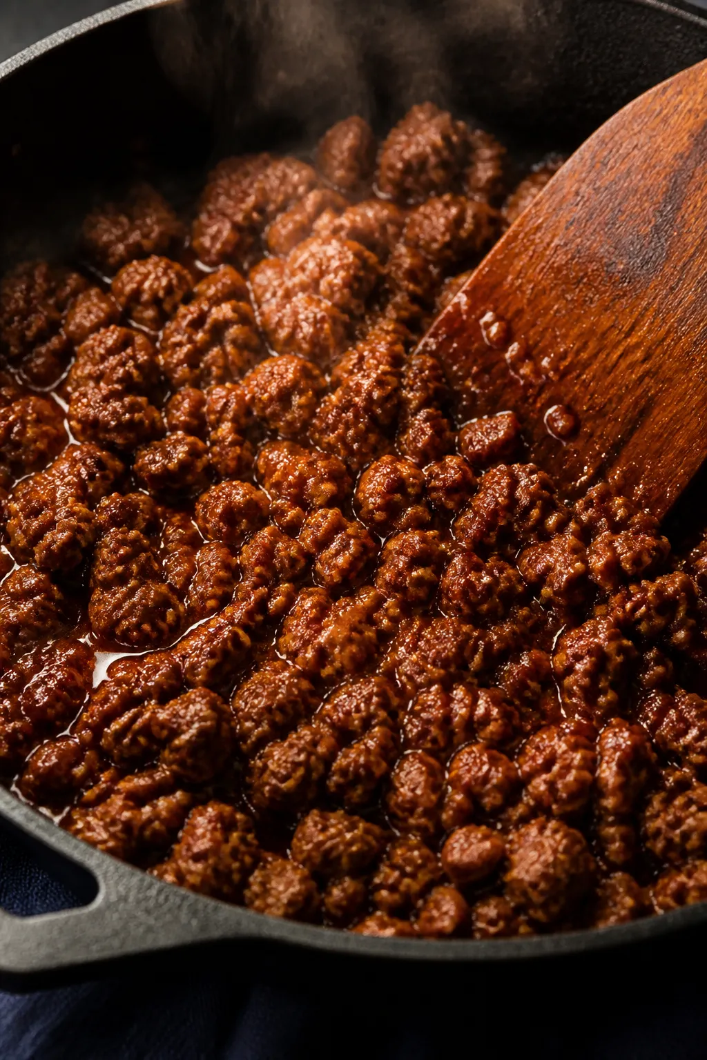 Cooking process action shot: Seasoned ground beef simmering in a cast-iron skillet—crumbled, brown