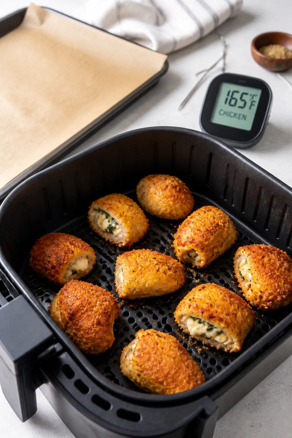 Cooking process: Air fryer basket mid-cook with evenly spaced stuffed chicken bites turning golden a