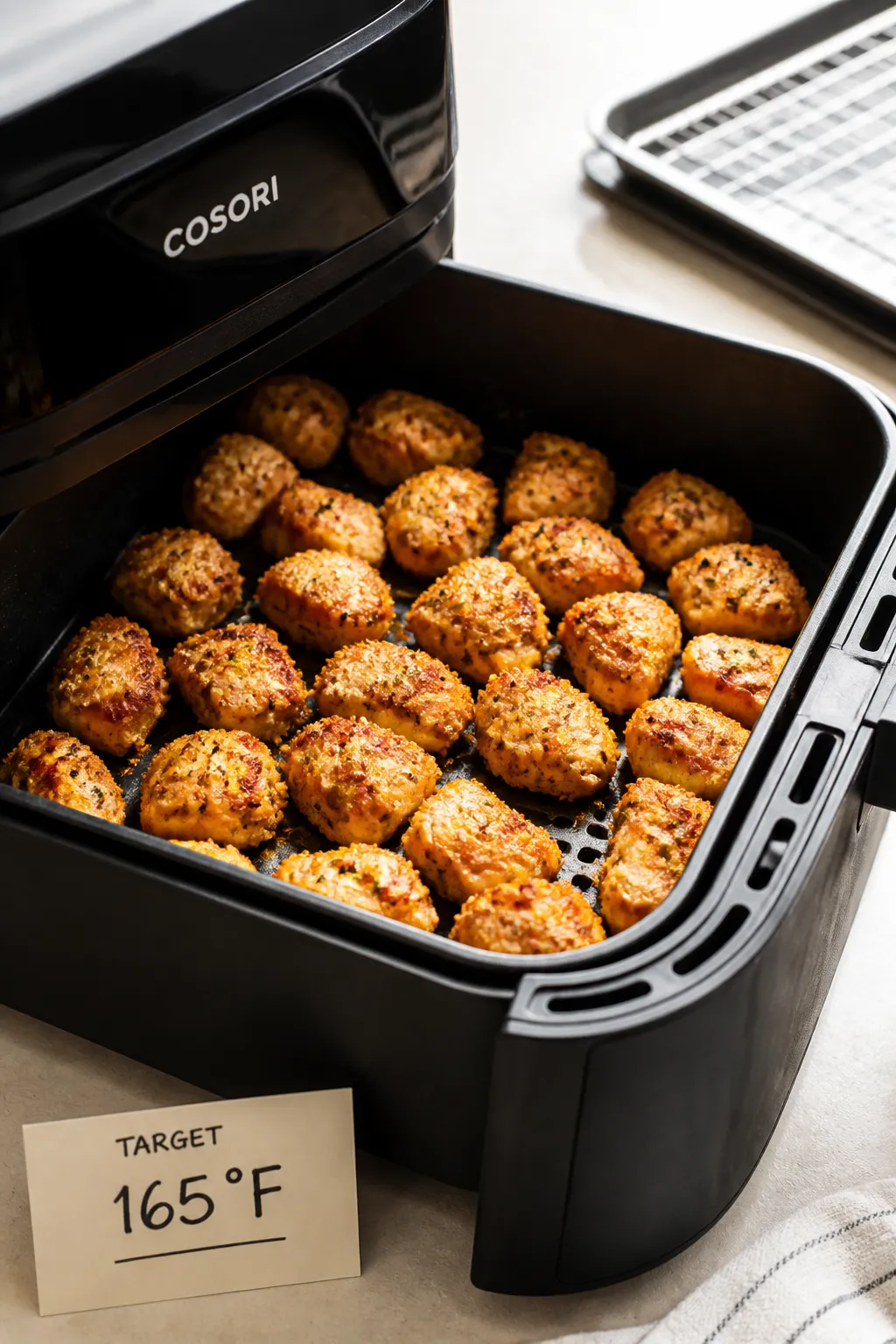 Cooking process: Air Fryer Parmesan Chicken Bites mid-cook, basket pulled out halfway for flipping/s