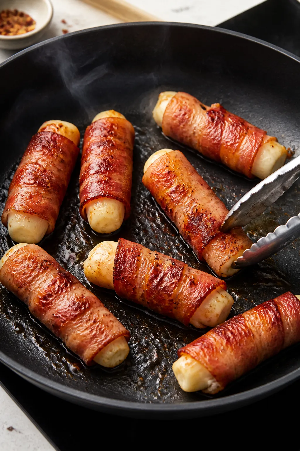 Cooking process: Bacon-wrapped cheese sticks mid-cook in a nonstick skillet over medium heat, severa