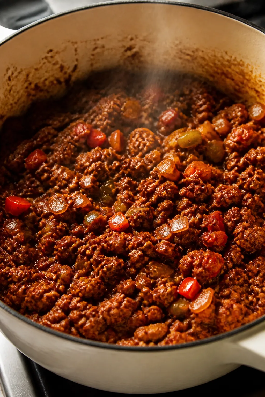 Cooking process — Blooming spices and tomato paste: Close-up of browned ground turkey with sautée