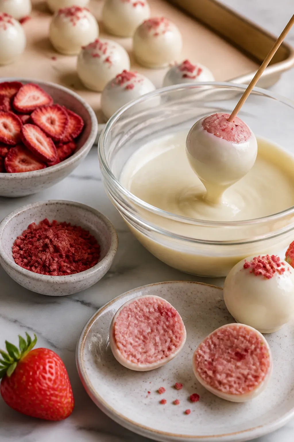 Cooking process: Chilled truffle balls being dipped into a bowl of melted sugar-free white chocolate