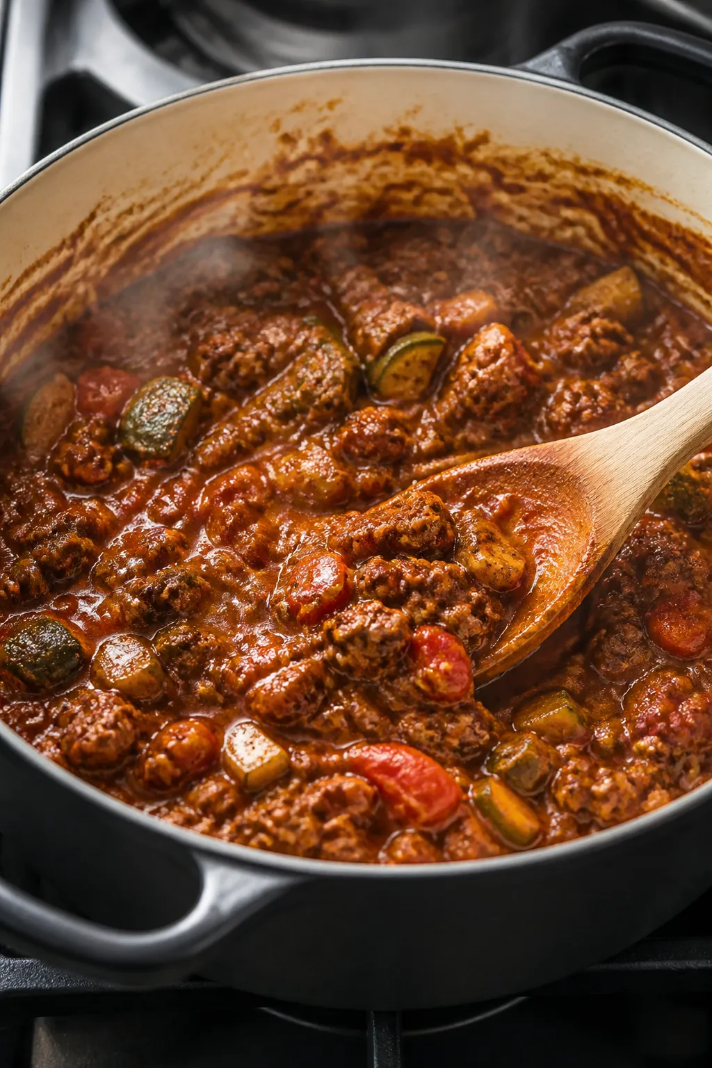 Cooking process close-up: A Dutch oven on the stovetop with keto Southwest chili gently simmering, v