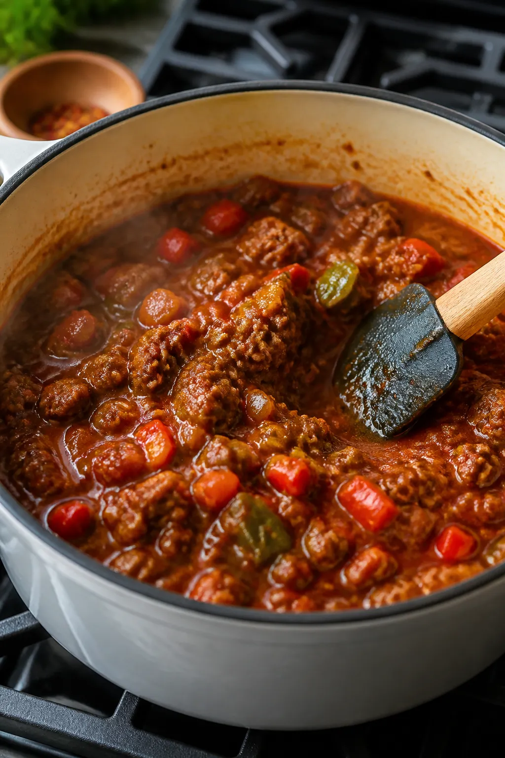 Cooking process close-up: A Dutch oven on the stovetop with keto chili simmering gently—crumbled b