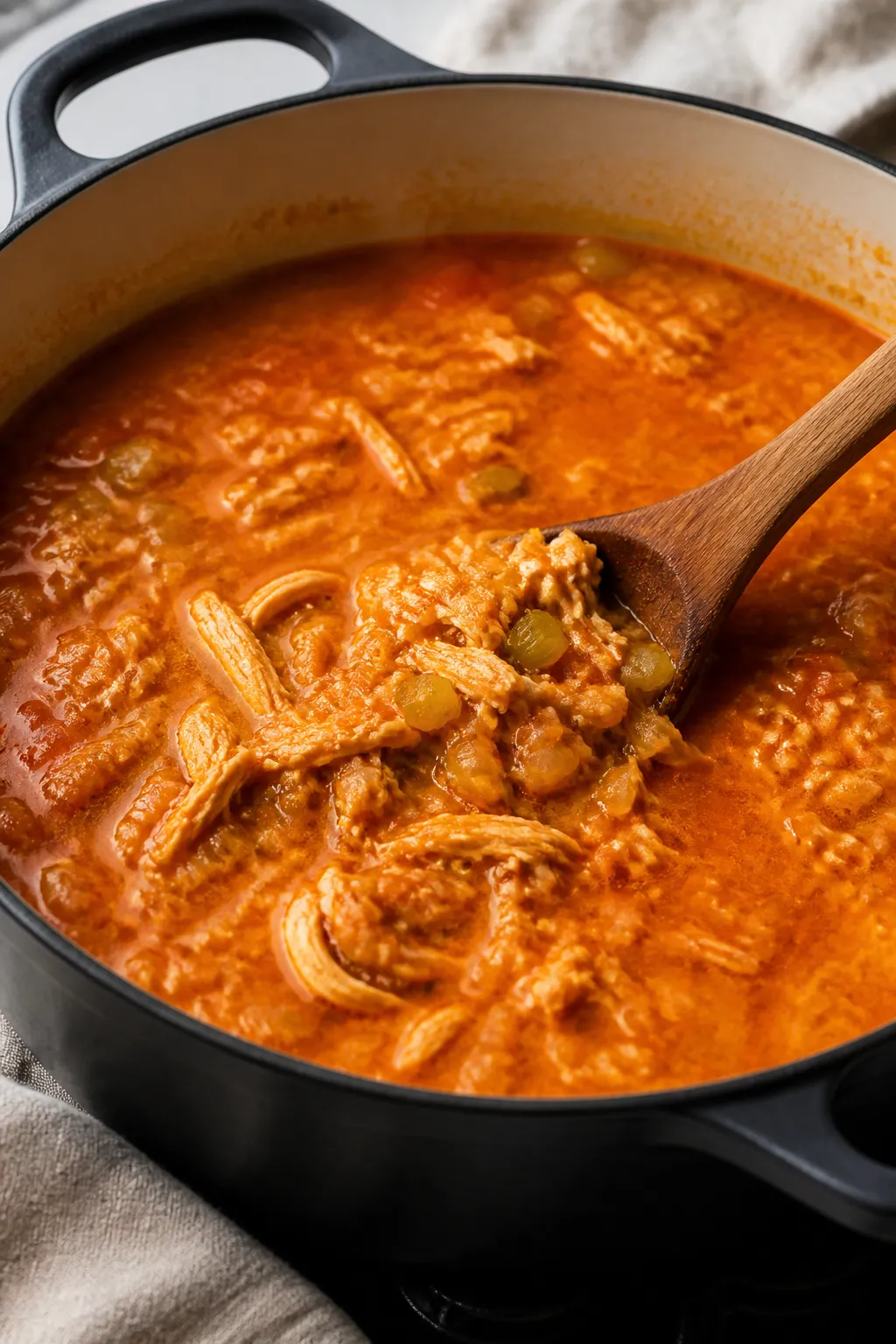 Cooking process close-up: A steamy Dutch oven on the stovetop with the Keto Buffalo Chicken Chili at