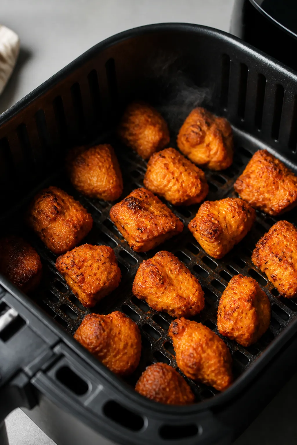 Cooking process close-up: Air fryer basket at 400°F filled with a single layer of golden-browning b