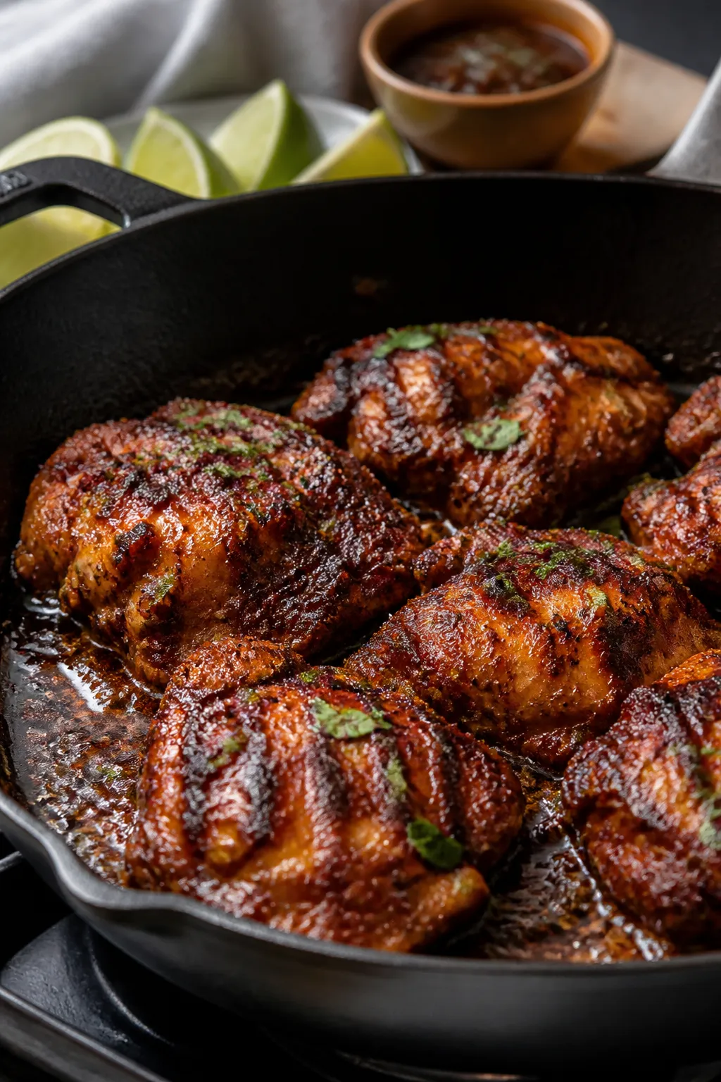 Cooking process, close-up: Chipotle-marinated chicken thighs sizzling in a cast-iron skillet over me
