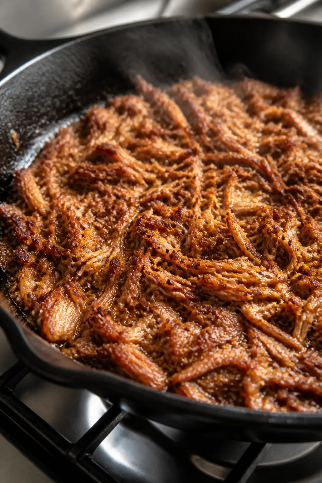 Cooking process close-up: Crispy keto carnitas searing in a cast-iron skillet, shredded pork pressed