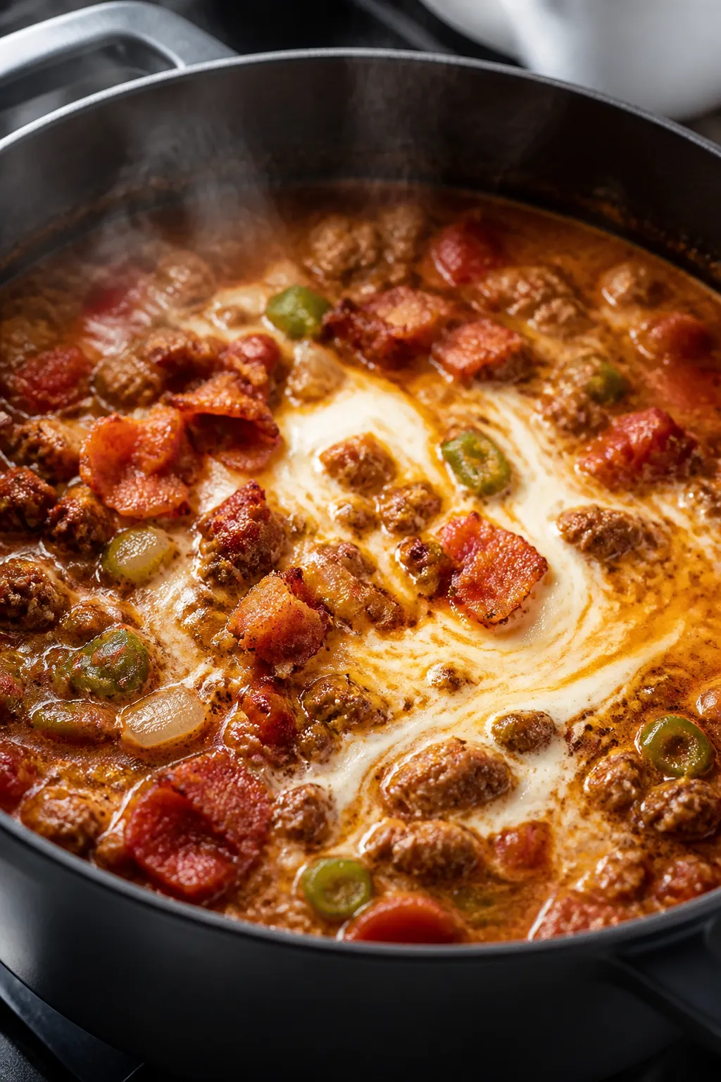 Cooking process, close-up detail: Sizzling Keto Cheeseburger Bacon Chili mid-simmer in a matte-black