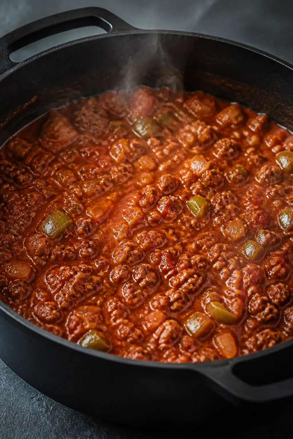 Cooking process, close-up detail: Sizzling keto chili mid-simmer in a matte black Dutch oven, ground