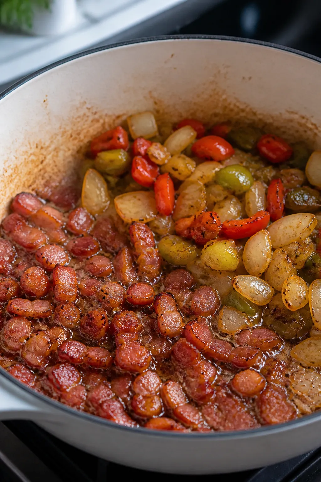 Cooking process close-up: Diced bacon rendering and crisping in a Dutch oven, golden-brown, glisteni