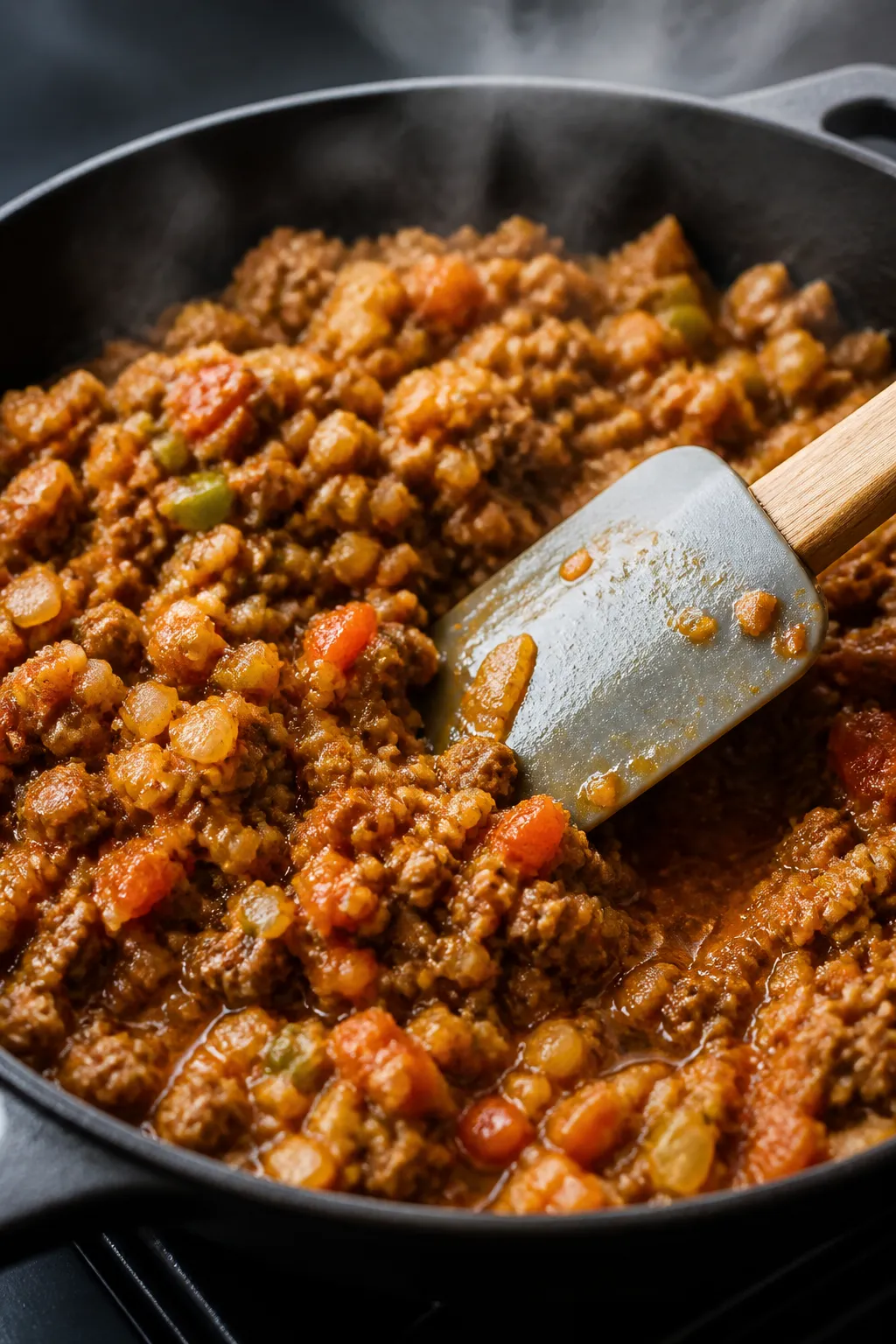 Cooking process close-up: Ground beef taco mixture simmering in a wide skillet after browning, thick