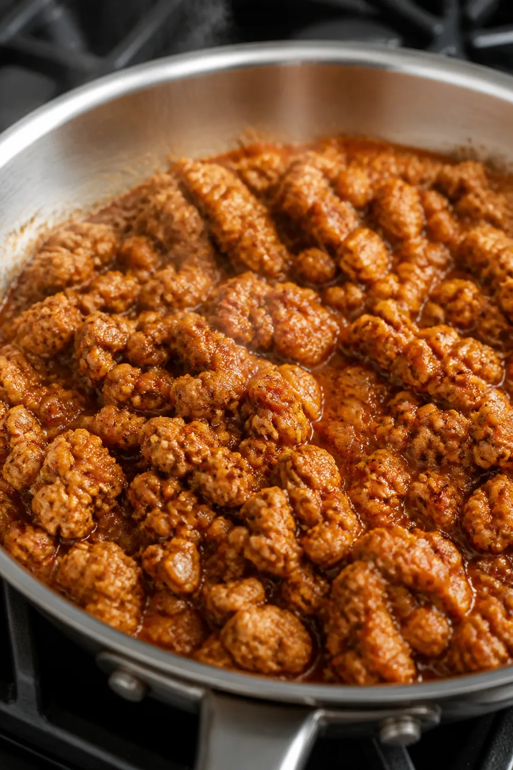 Cooking process close-up: Ground turkey browning in a wide stainless skillet, crumbled and lightly c