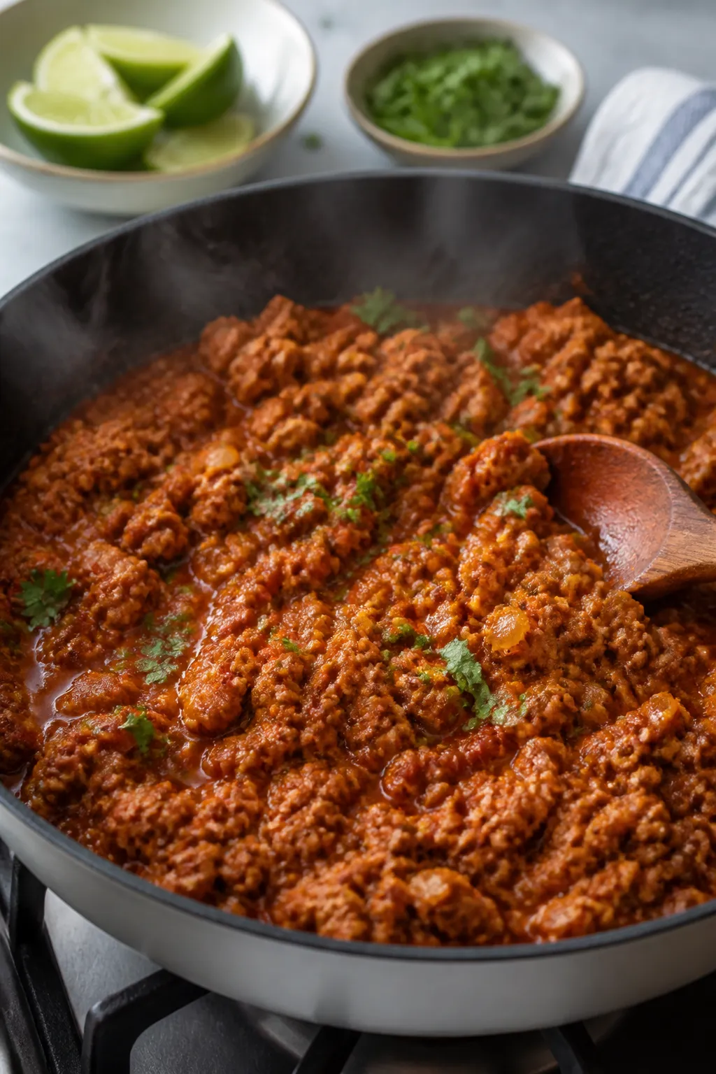 Cooking process close-up: Juicy ground turkey browning in a wide skillet, coated in a glossy, brick-