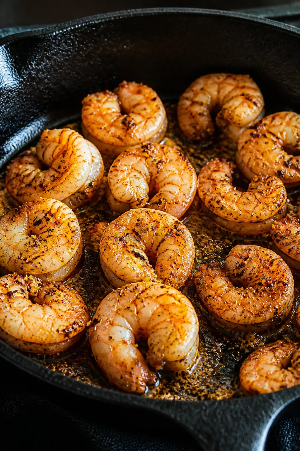 Cooking process close-up: Sautéed shrimp in a black cast-iron skillet mid-cook, just-opaque and pin