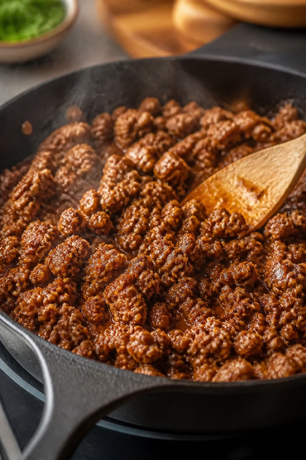 Cooking process close-up: Seasoned 80/20 ground beef sizzling in a cast-iron skillet, taco seasoning