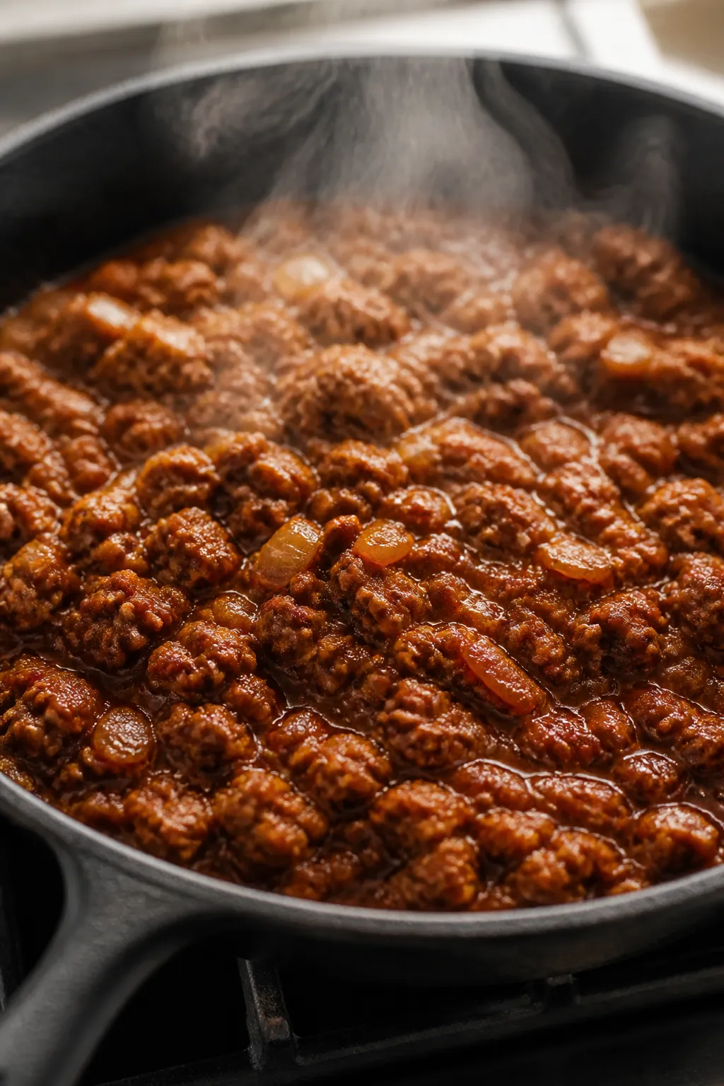 Cooking process close-up: Seasoned ground beef simmering in a skillet after browning, glossy and sau