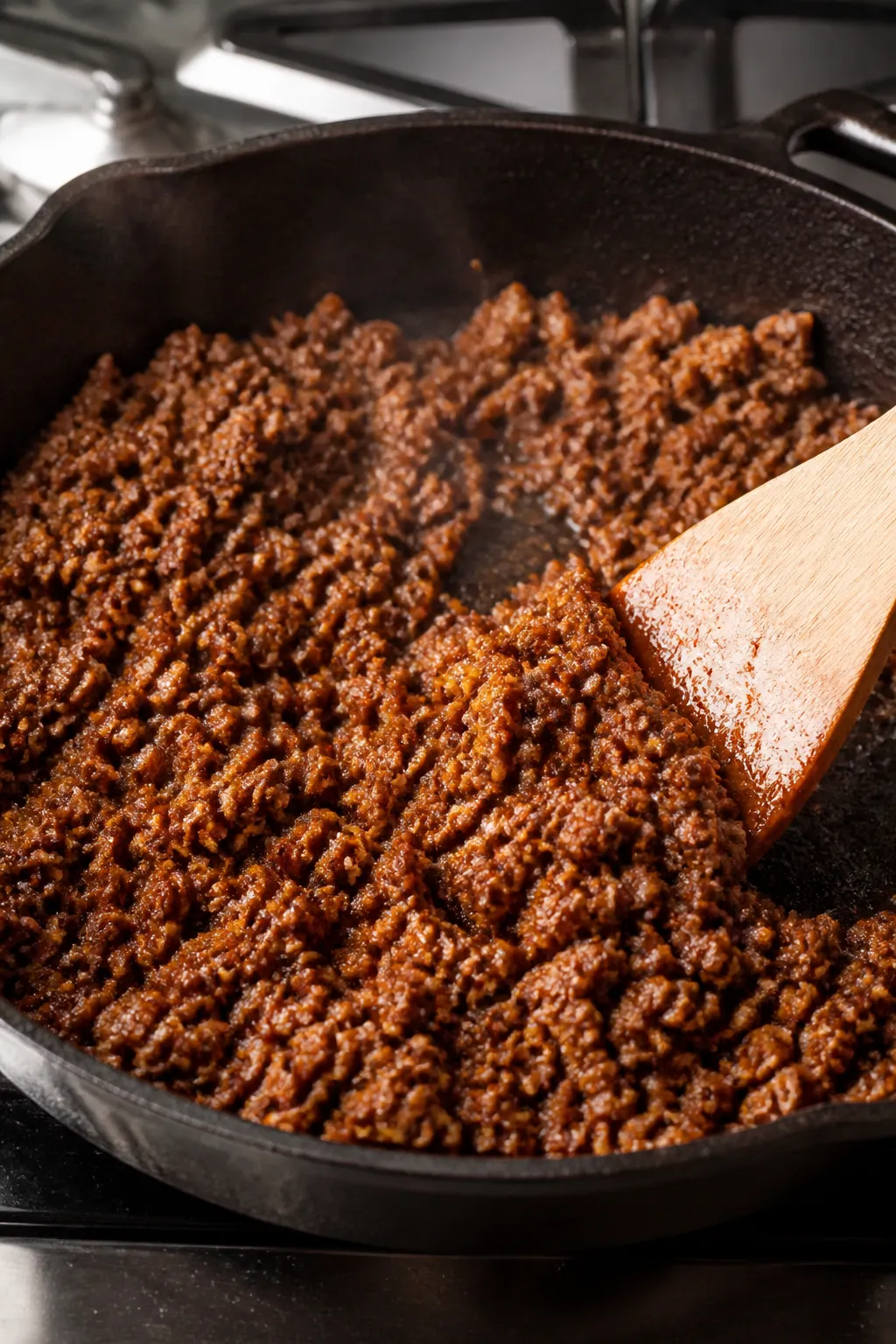 Cooking process close-up: Seasoned ground beef sizzling in a cast-iron skillet over medium-high heat