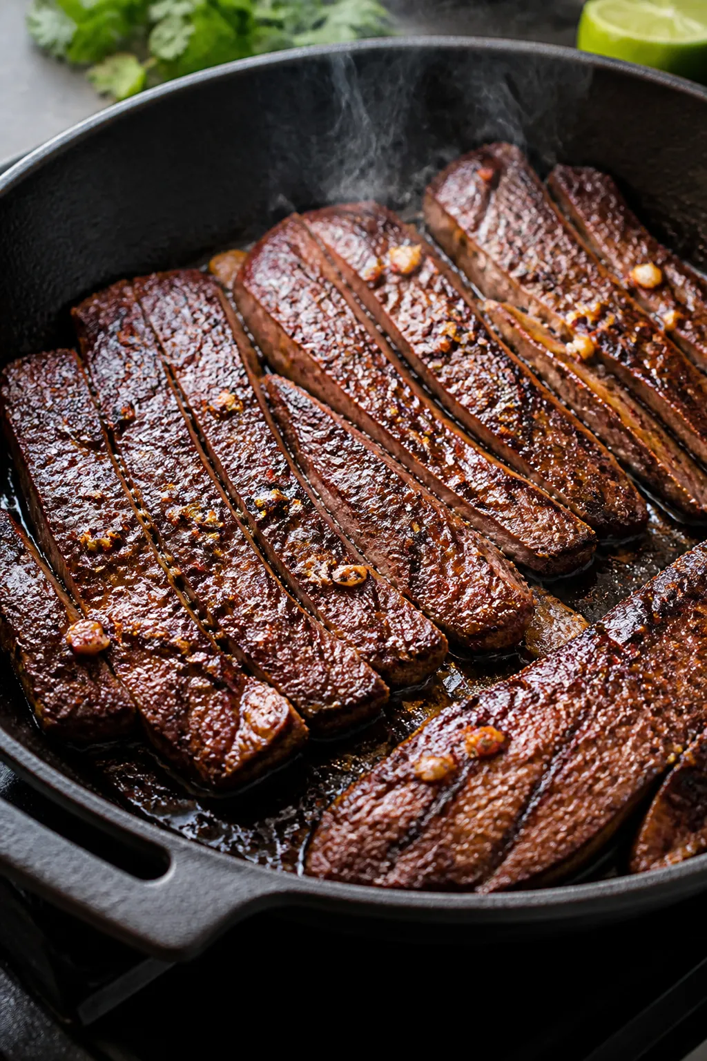 Cooking process close-up: Sizzling carne asada on a preheated cast-iron skillet, deep char and caram
