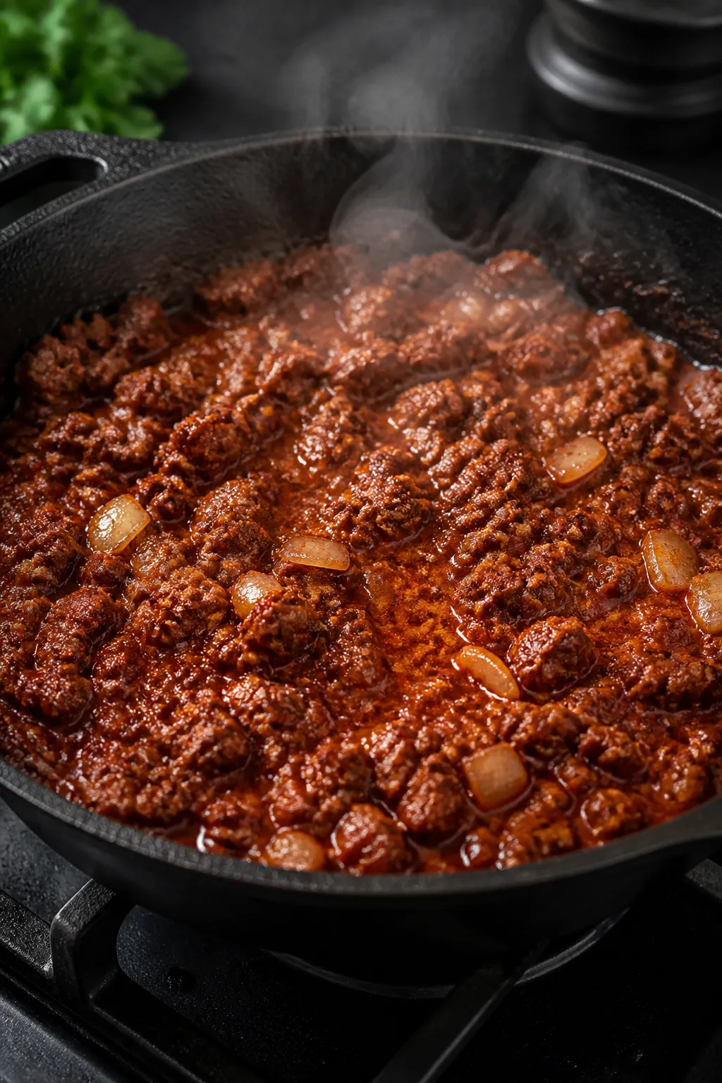 Cooking process close-up: Sizzling taco meat in a dark cast-iron skillet over medium-high heat, beef