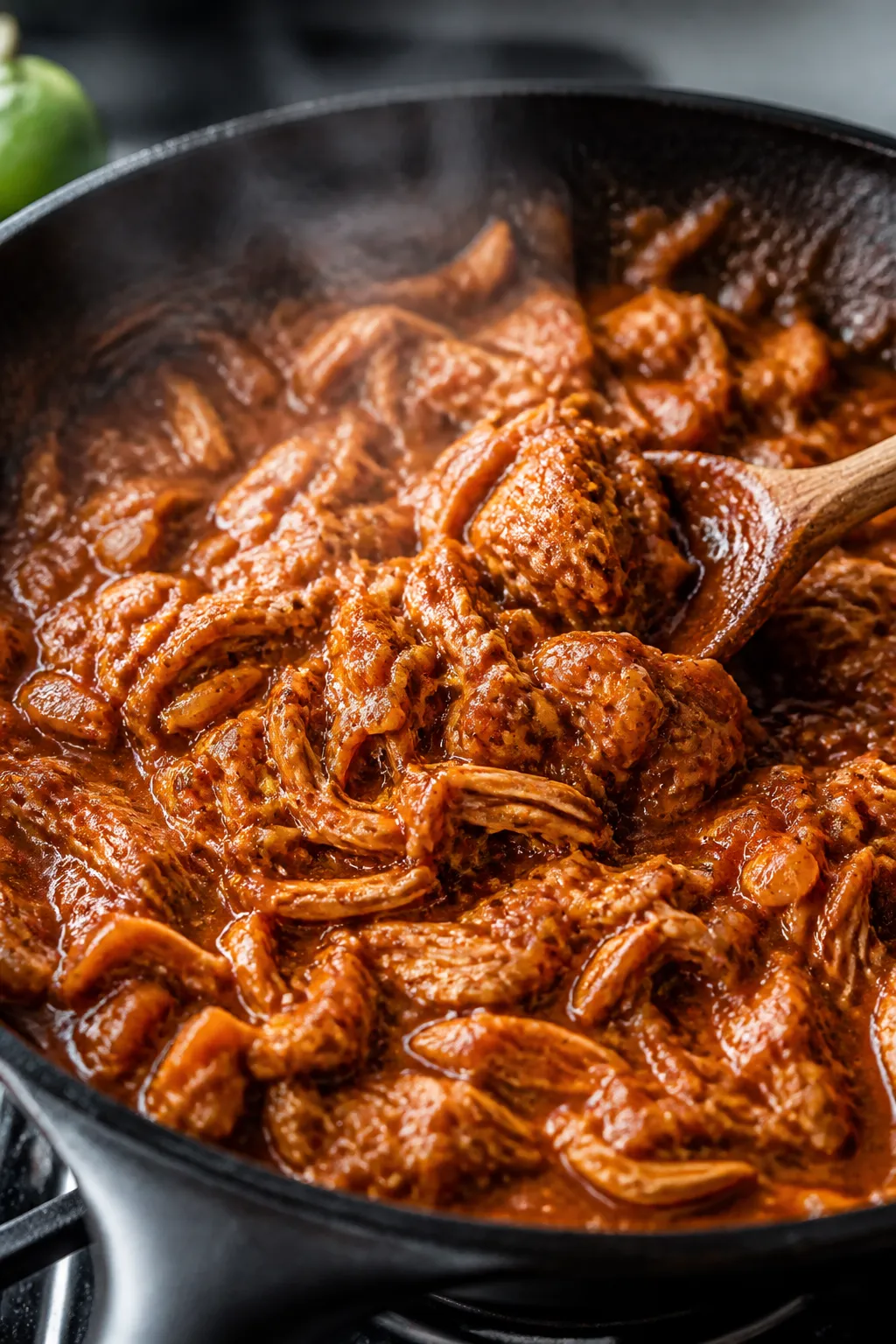 Cooking process close-up: Succulent shredded chicken simmering in a skillet, coated in a glossy chil