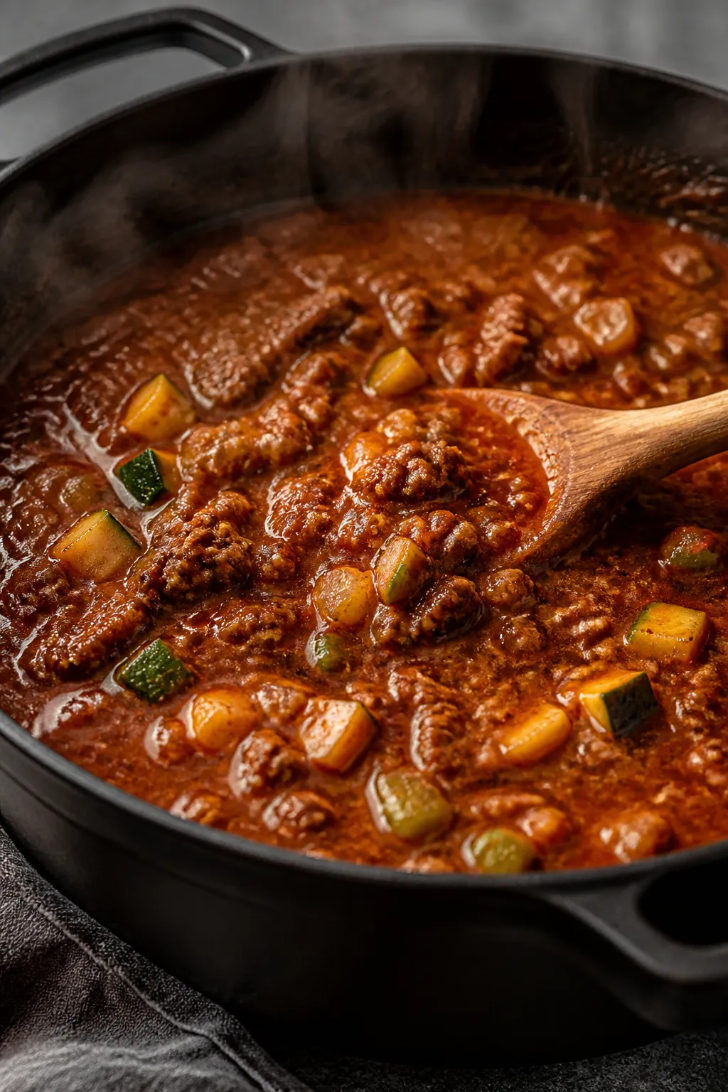 Cooking process close-up: Thick, glossy keto beef chili simmering uncovered in a matte black Dutch o