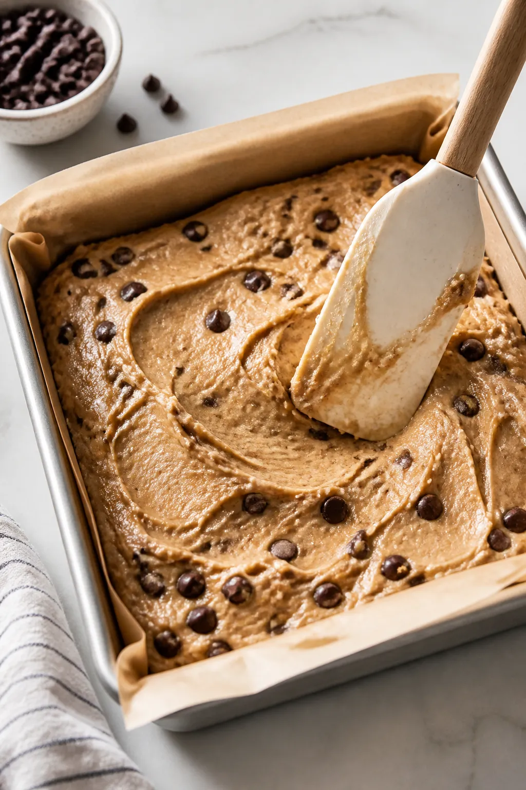 Cooking process, close-up: Thick, spreadable blondie batter being smoothed into a parchment-lined 8x