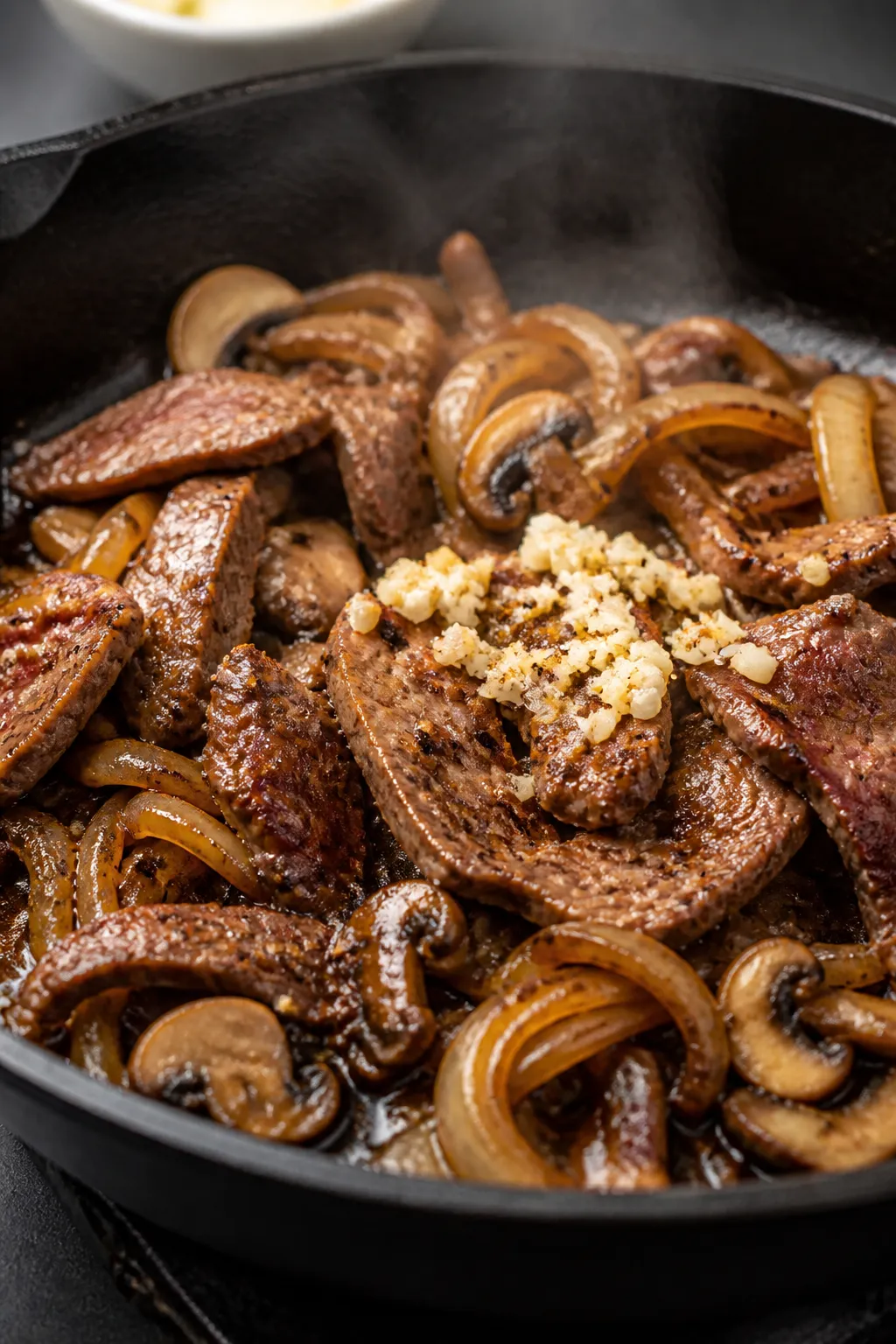 Cooking process close-up: Thin-sliced ribeye and caramelized onions/mushrooms sizzling in a large ca