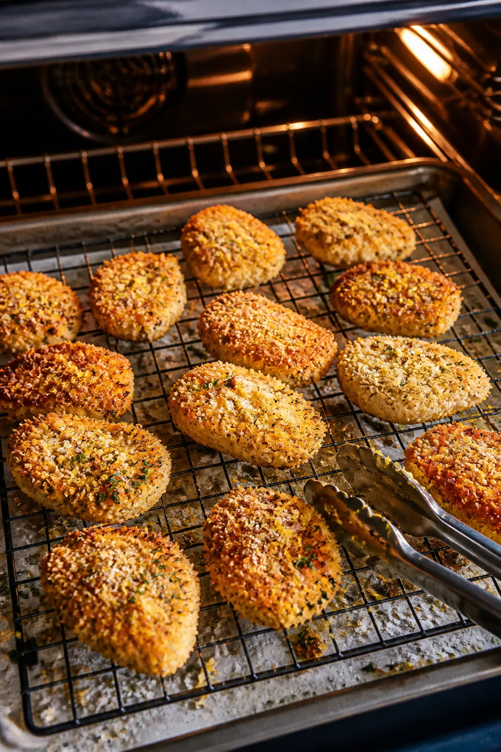 Cooking process: Garlic Parmesan chicken nuggets mid-bake on a wire rack over a parchment-lined tray