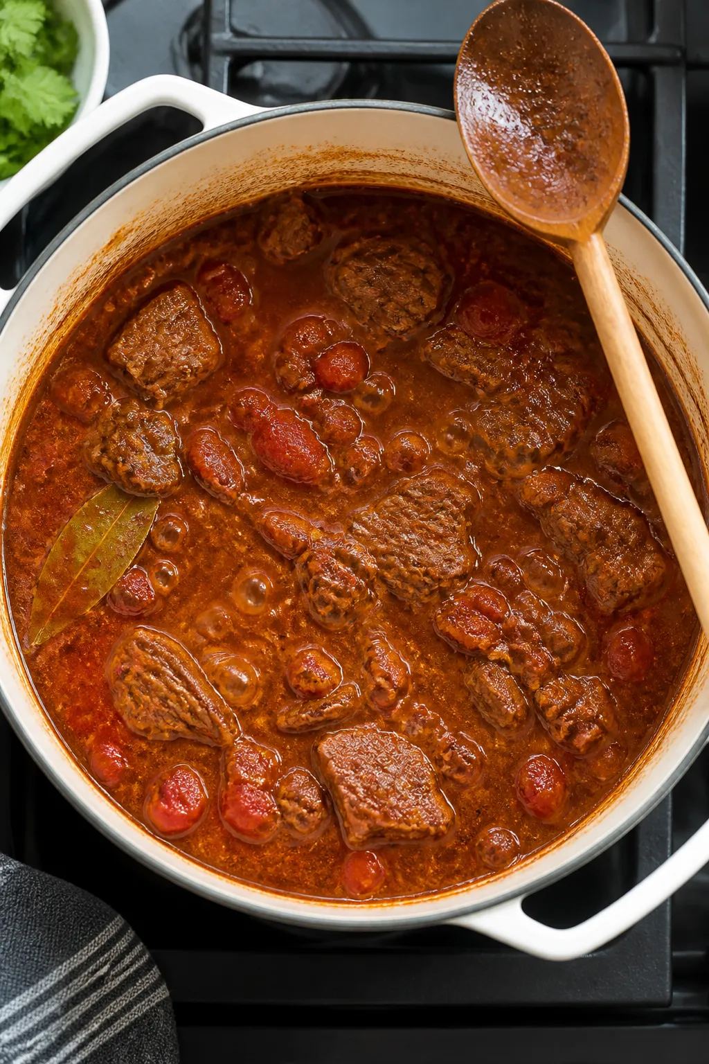 Cooking process: Keto brisket chili mid-simmer in a heavy enamel Dutch oven, overhead shot capturing