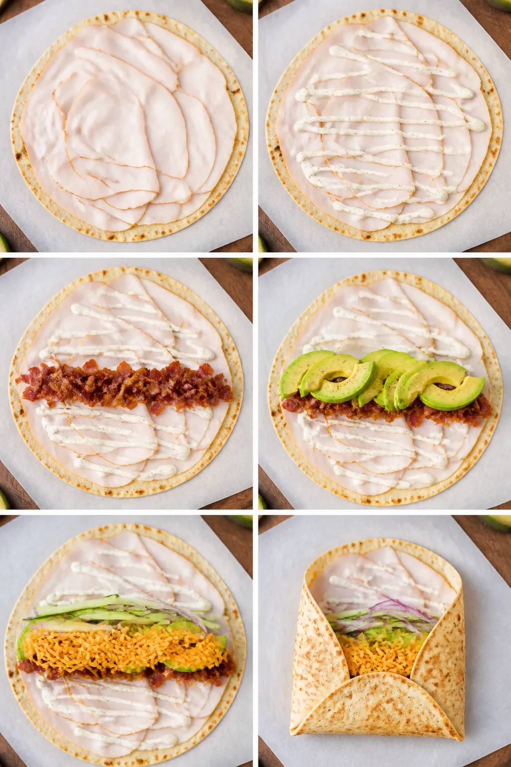 Cooking process: Low-carb tortilla wrap being assembled with an even layer of thin-sliced turkey as