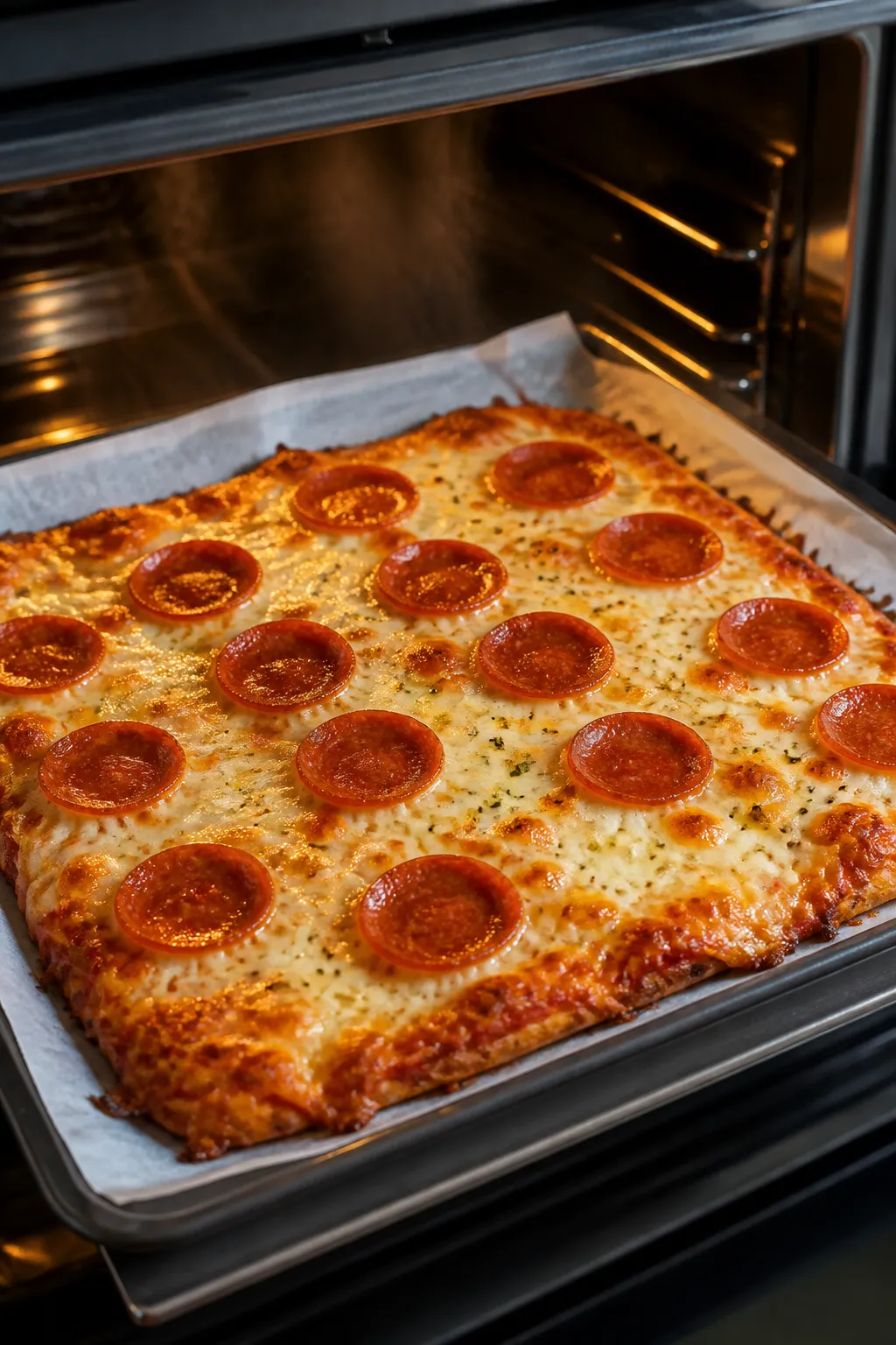 Cooking process: Mid-bake moment captured through an open oven with the tray pulled slightly out, ch