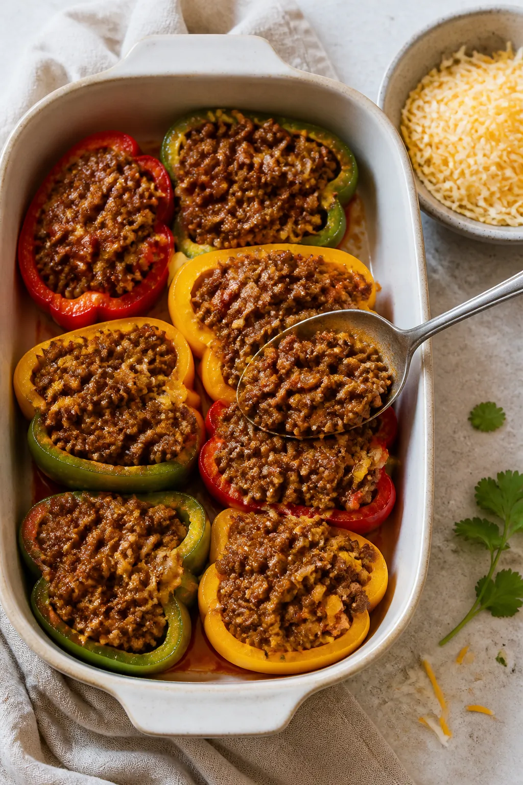 Cooking process: Overhead shot of par-roasted bell peppers in a ceramic baking dish being filled wit