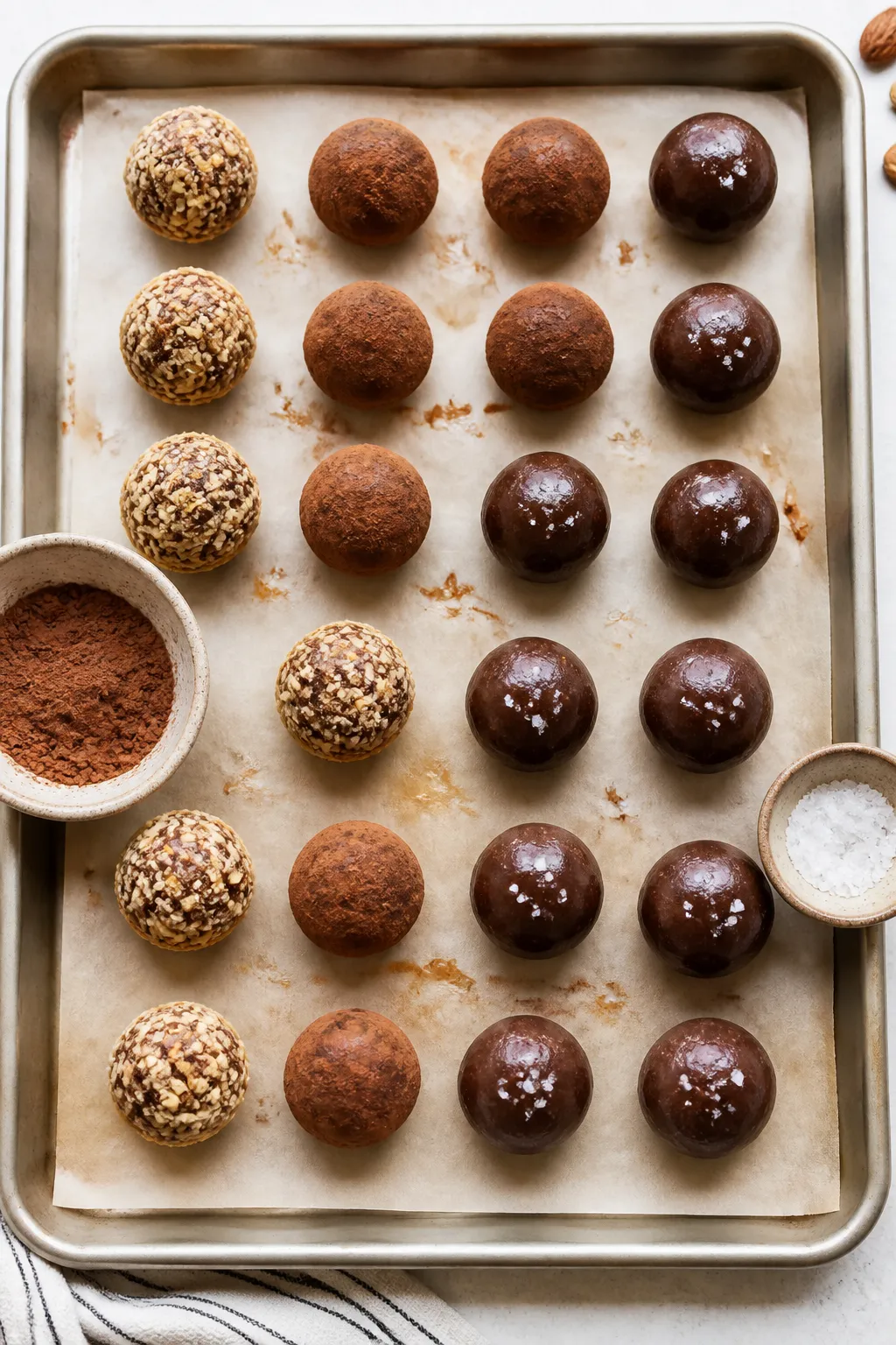 Cooking process: Overhead shot of rolled protein ball portions on a parchment-lined tray just after 