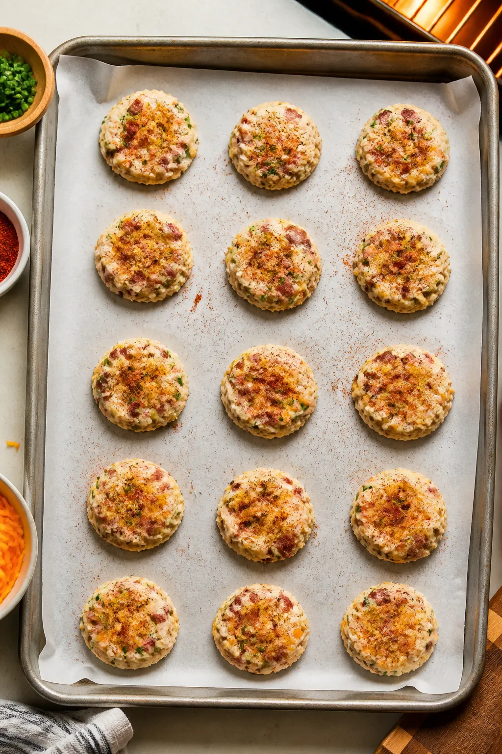 Cooking process: Overhead shot of tablespoon-sized chicken crack bite mounds being portioned and lig
