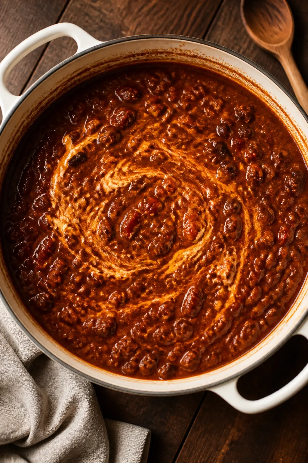Cooking process: Overhead shot of the chili simmering uncovered in a wide, enamel pot during the red