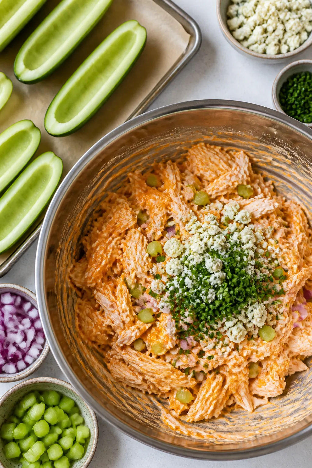 Cooking process: Overhead shot of the prepared filling being mixed in a stainless bowl—shredded ro