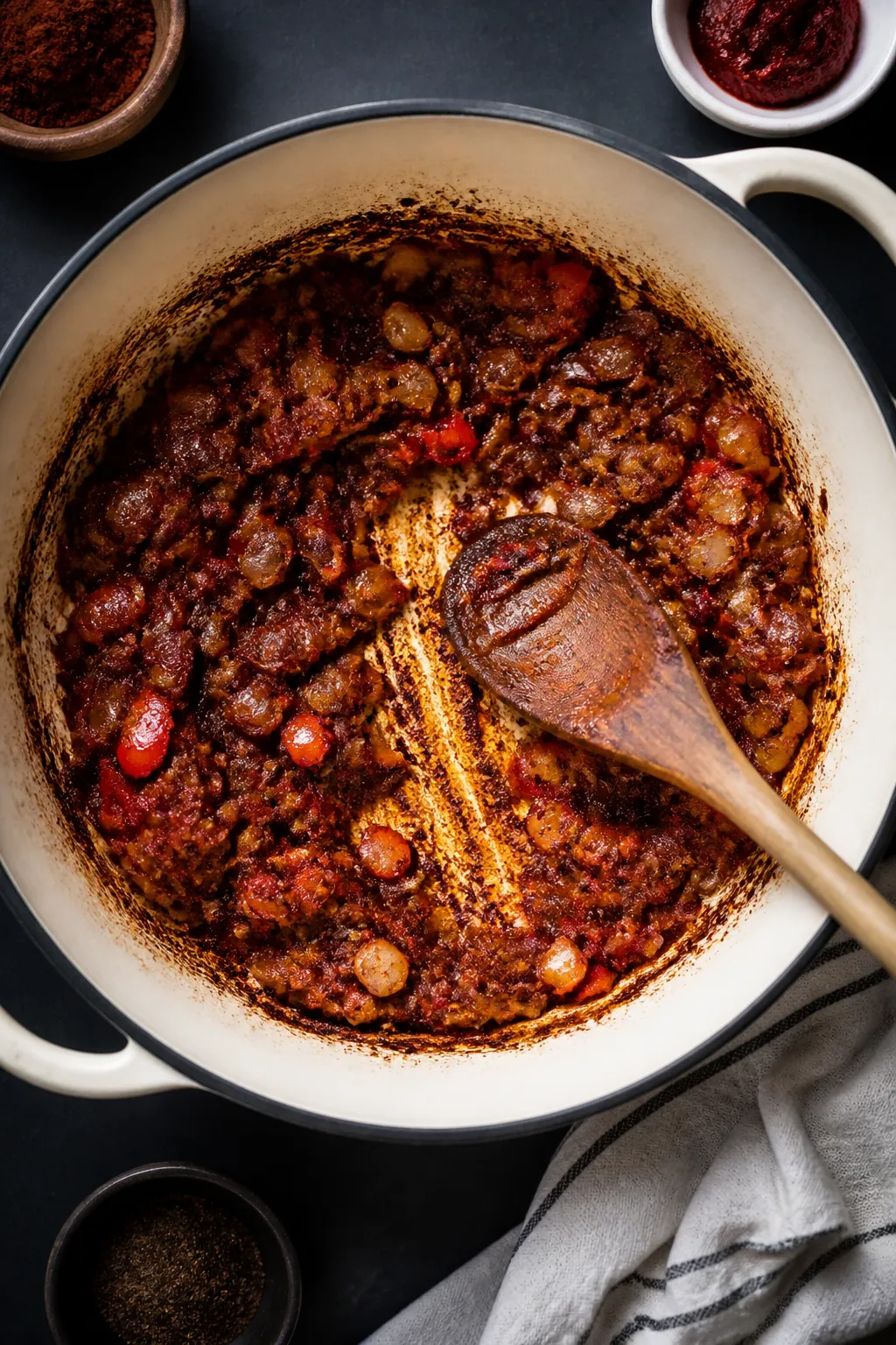 Cooking process: Overhead shot of the spice-blooming stage in a Dutch oven—onions and peppers saut