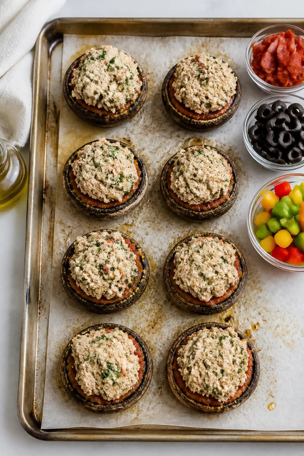 Cooking process: Par-baked mushroom caps on a parchment-lined sheet pan at the moment of stuffing—