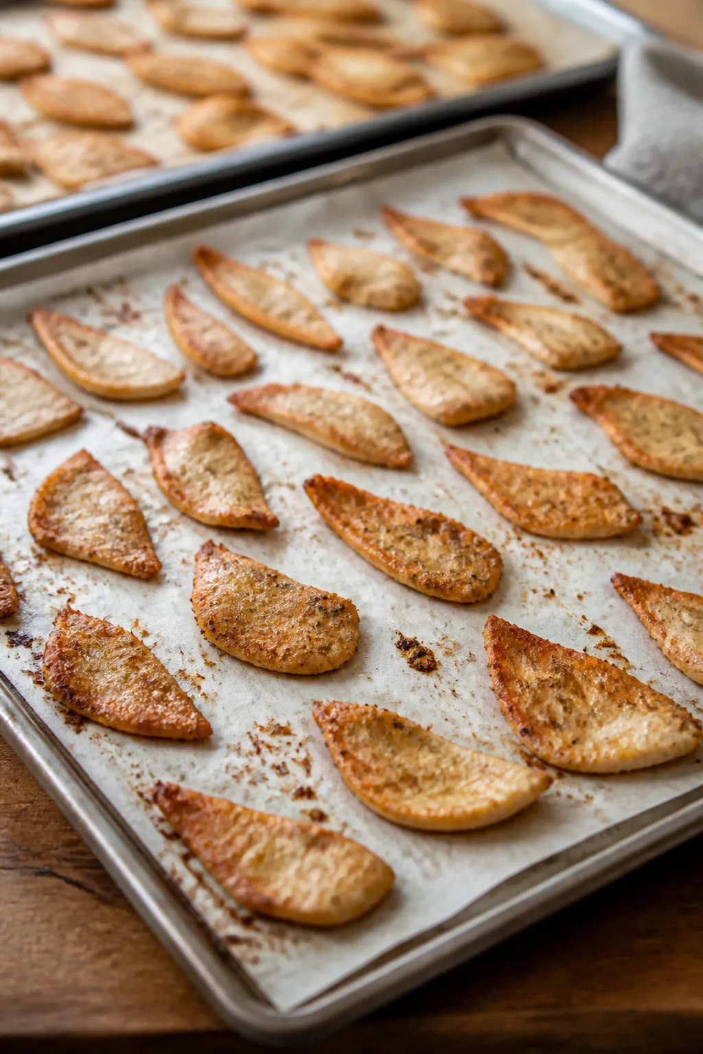 Cooking process shot: evenly spaced, fully cooked chicken chip pieces mid-bake during the “flip an