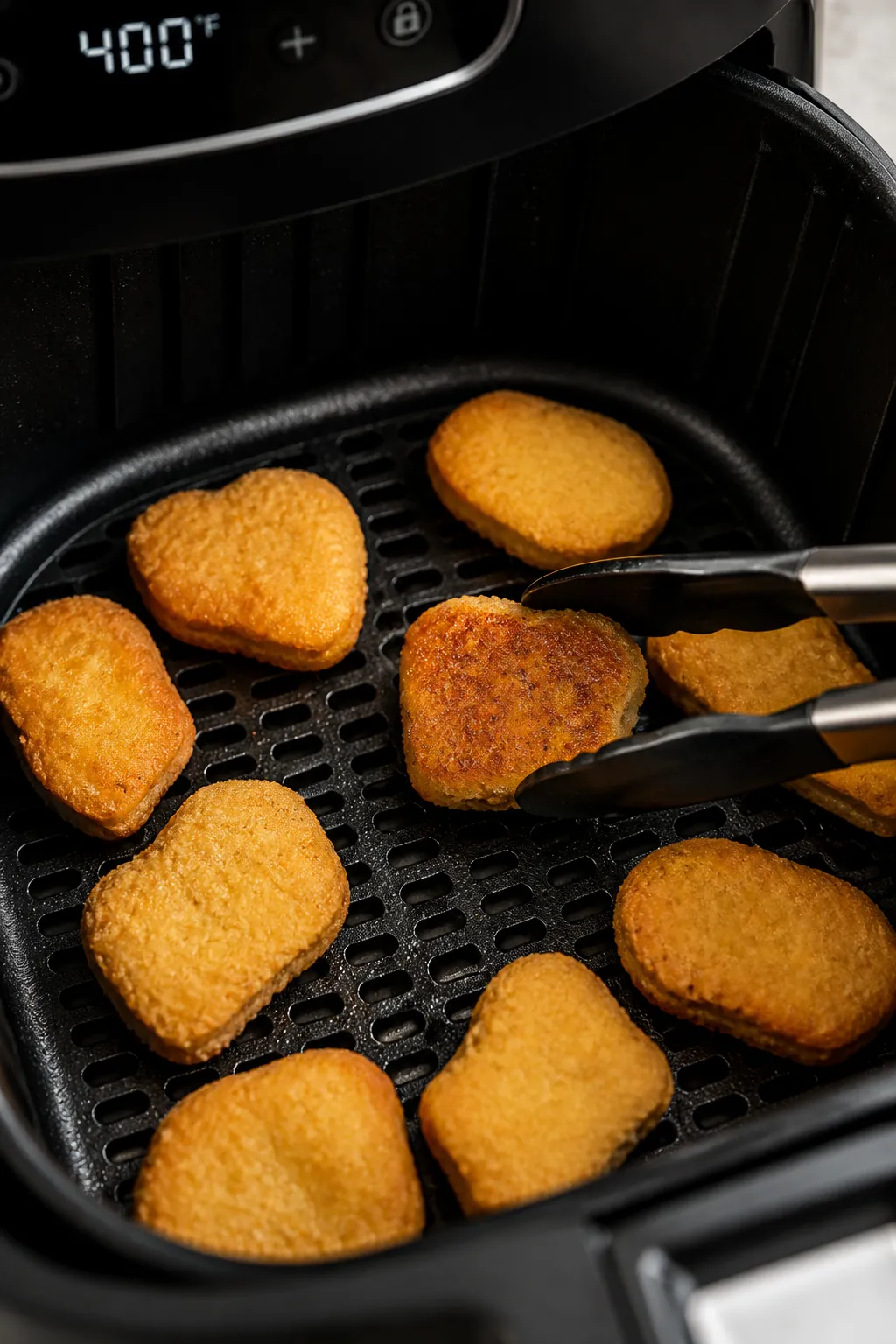 Cooking process shot inside the air fryer: nuggets arranged in a single layer with clear spacing, mi