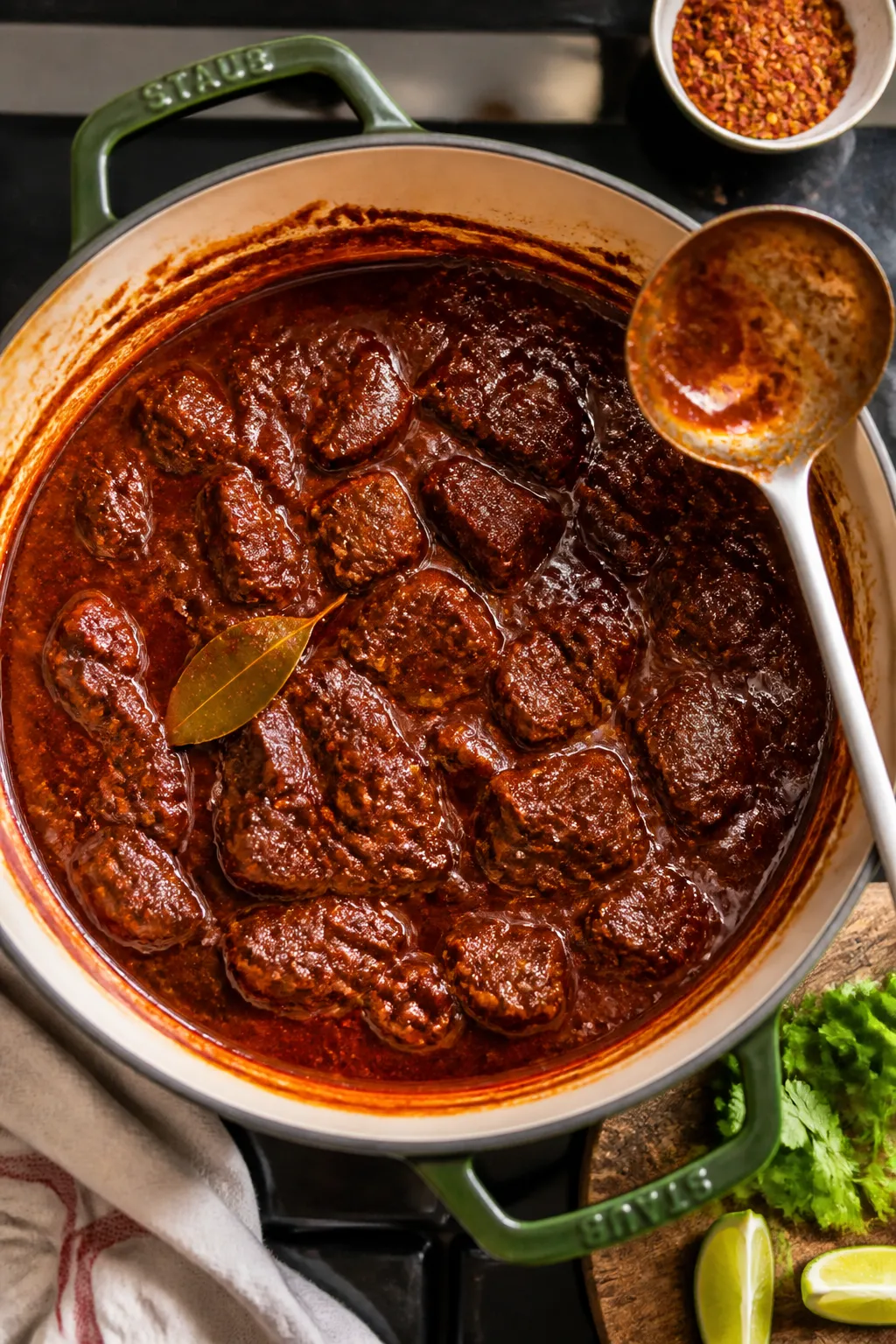Cooking process shot: Overhead view of Texas-style low carb chili mid-simmer in a Dutch oven, thick 