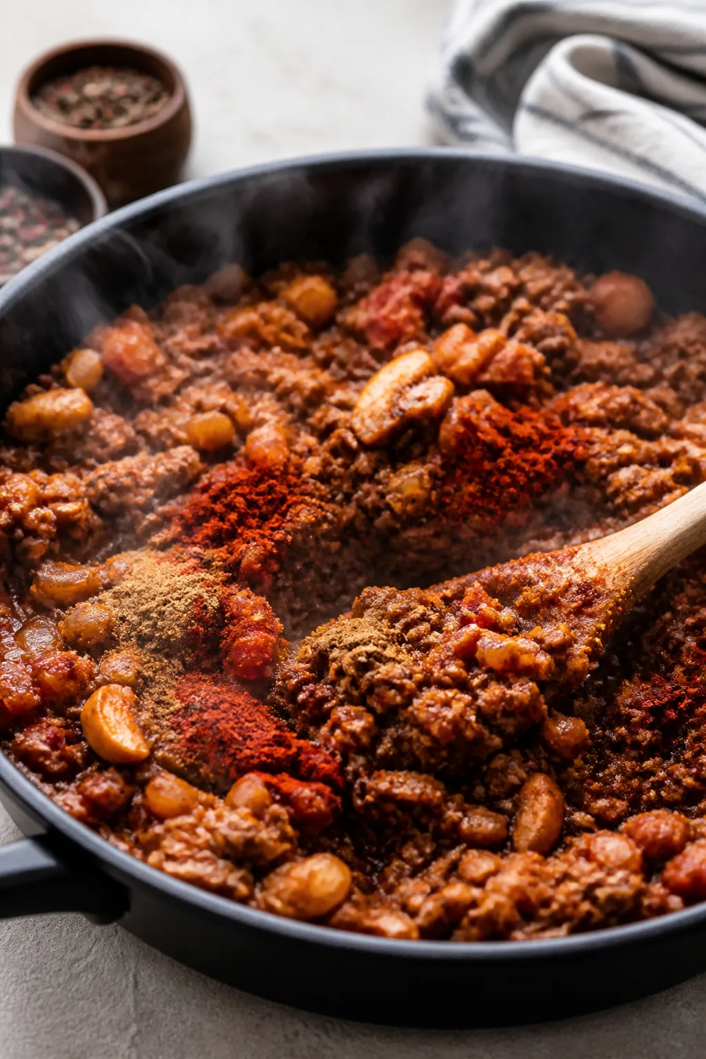 Cooking process shot: Skillet of keto chili filling mid-simmer, thick and scoopable, showing browned