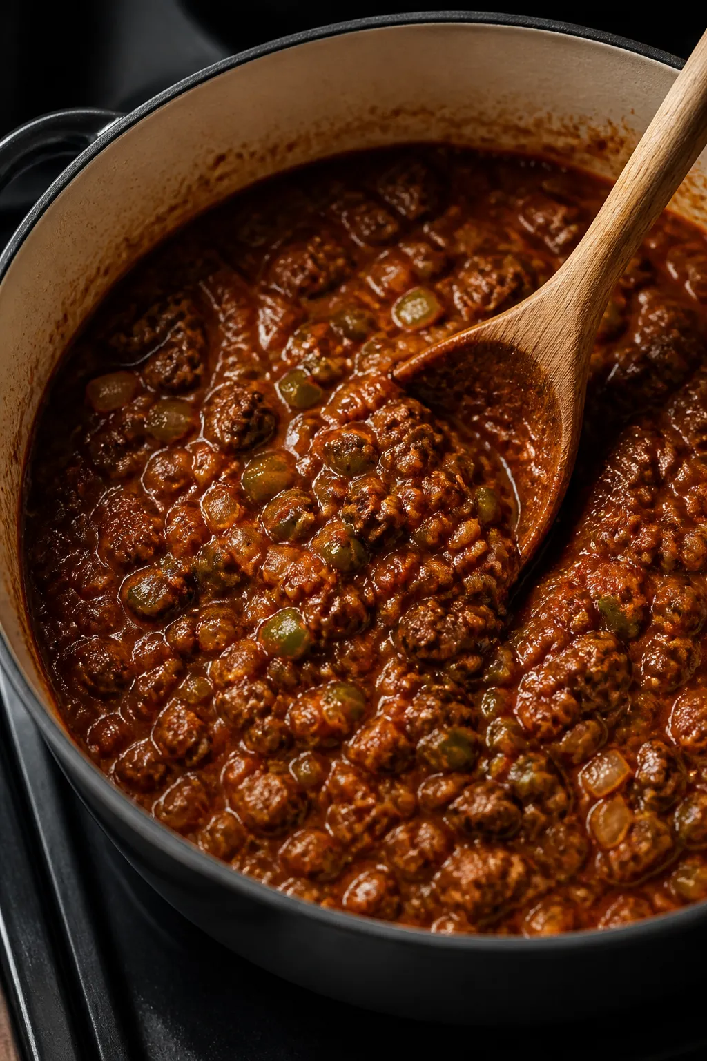 Cooking process, stovetop: A Dutch oven of simmering keto restaurant-style chili mid-cook, glossy th