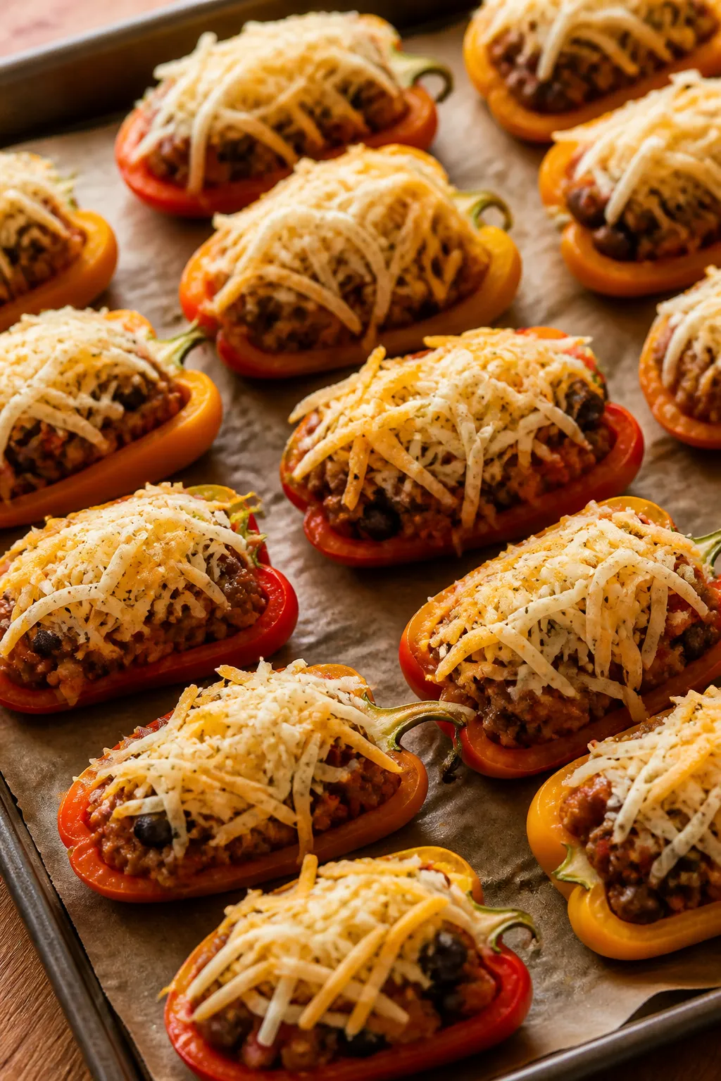 Cooking process: Stuffed mini peppers on a baking sheet just before the final bake, warmly lit with