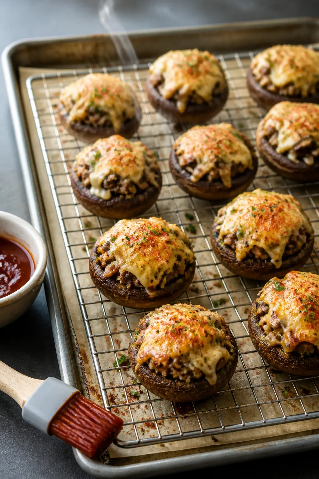 Cooking process: Stuffed mushrooms on a wire rack set over a parchment-lined sheet pan mid-bake at 3