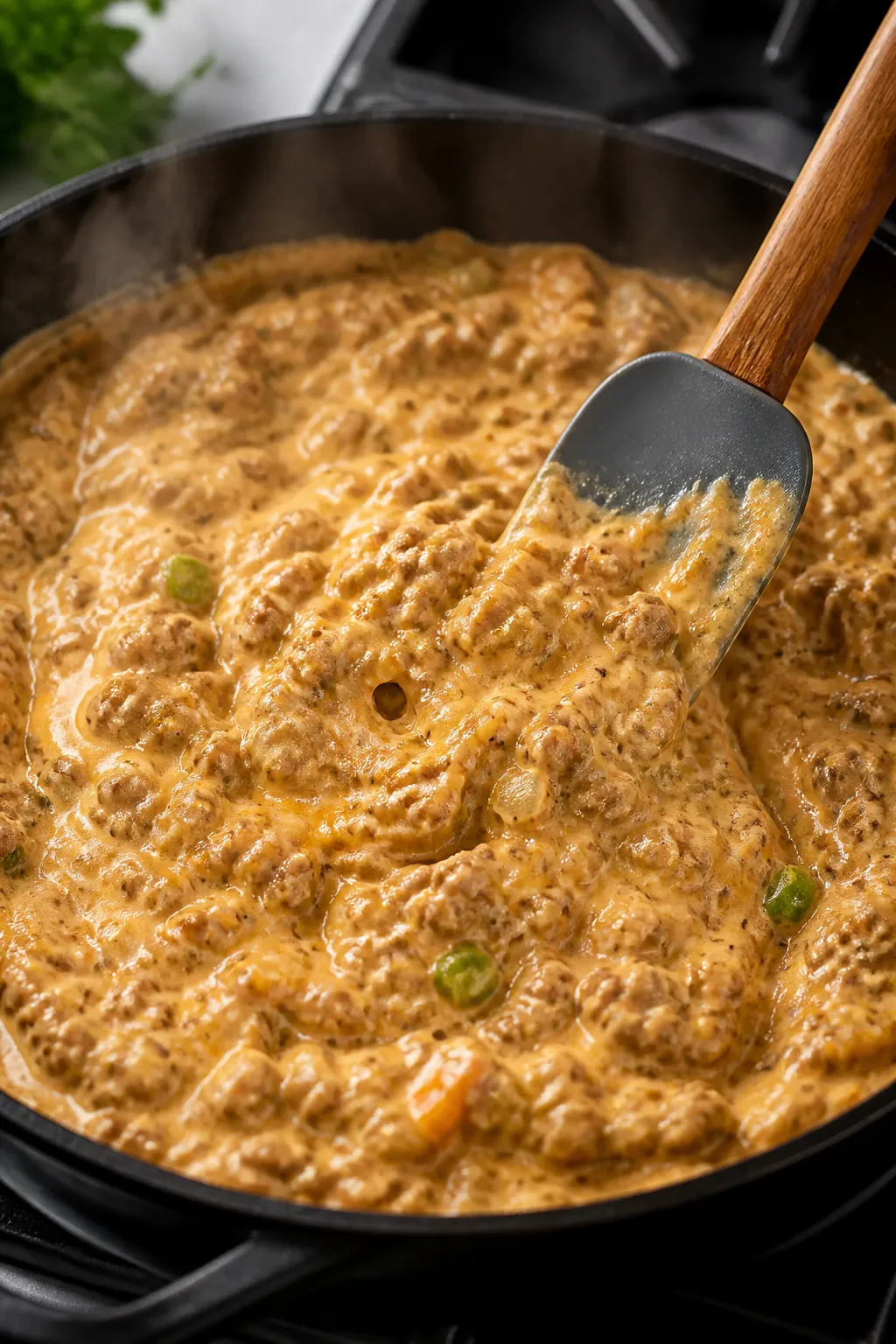 Cooking process: The creamy chili mixture in a skillet right after melting in cream cheese and foldi